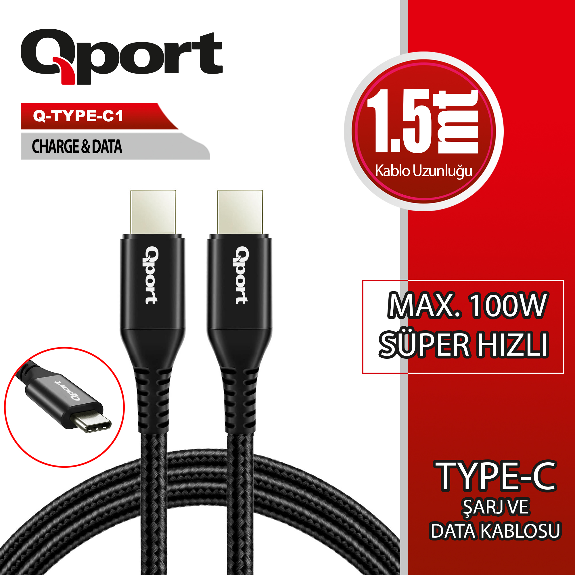 23584_td_1 QPort Q-TYPE-C1 1.5m Type-C 100w Şarj ve Data Kablosu - Görsel 1